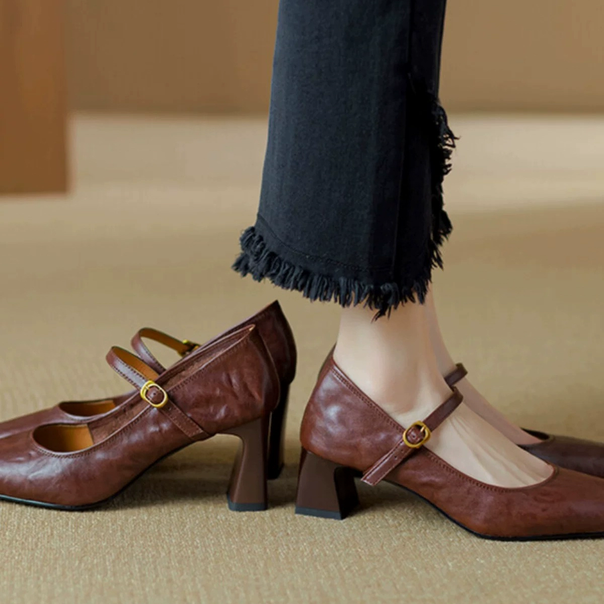 Мягкие овечьи черные туфли на высоком каблуке 2025 весна и осень новый французский ретро на каблуке с надписью Mary Jen обувь женская обувь