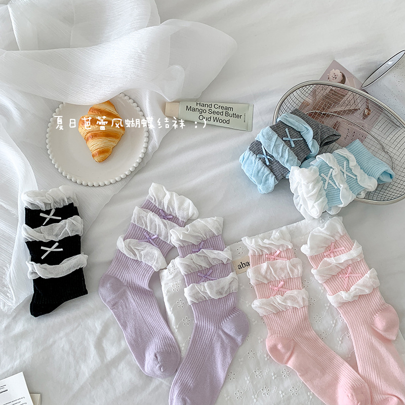 Calcetines mujer verano delgado de doble capa pliegues color caramelo dulce calcetines de tubo largo máquina todo en uno Lolita tubo medio