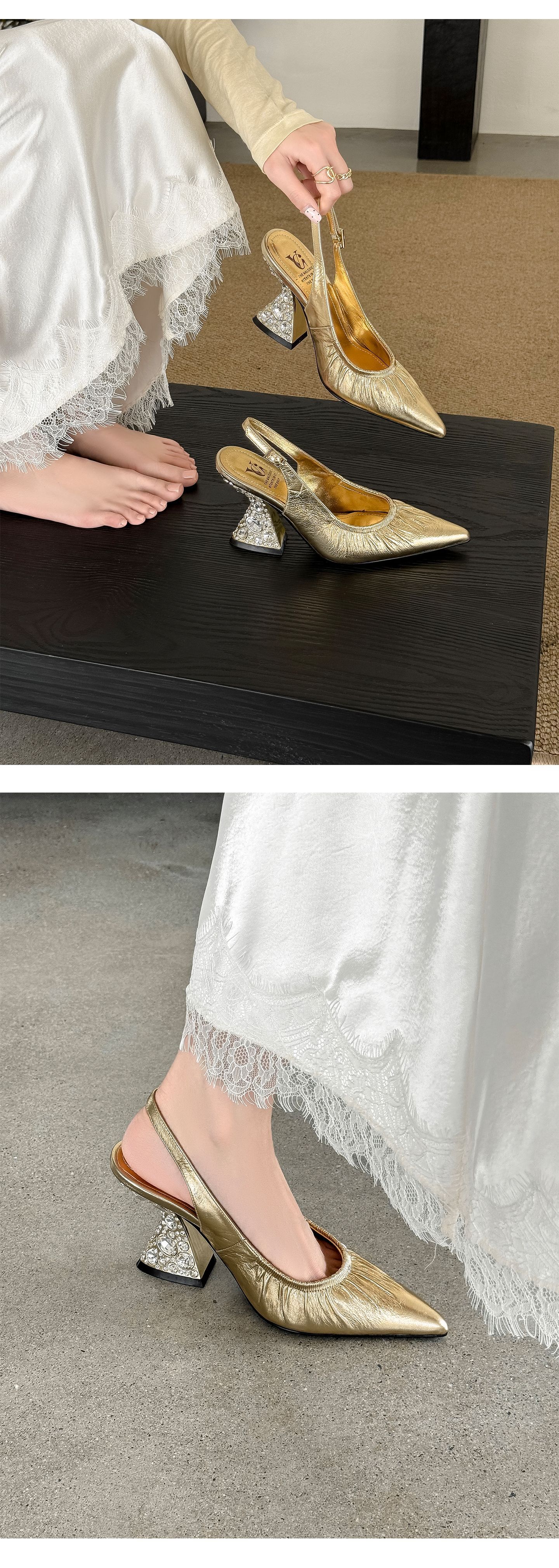 Sandal cao gót nữ mũi nhọn hở mũi quai sau xếp ly đính đá — màu đen, màu vàng, bạc chi tiết 9