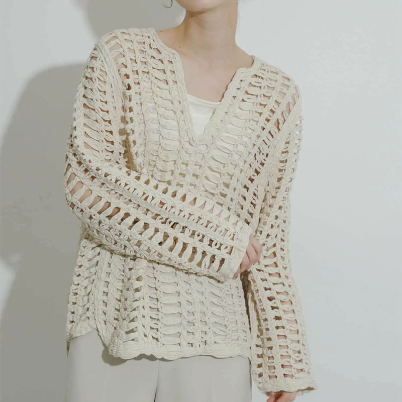 Spring and Summer Loose Cut Out Pullover V Neck Knitwear Top Women's See-Through Twisted Rope Thick Needle Crochet Fishnet Long-Sleeved Knitwear