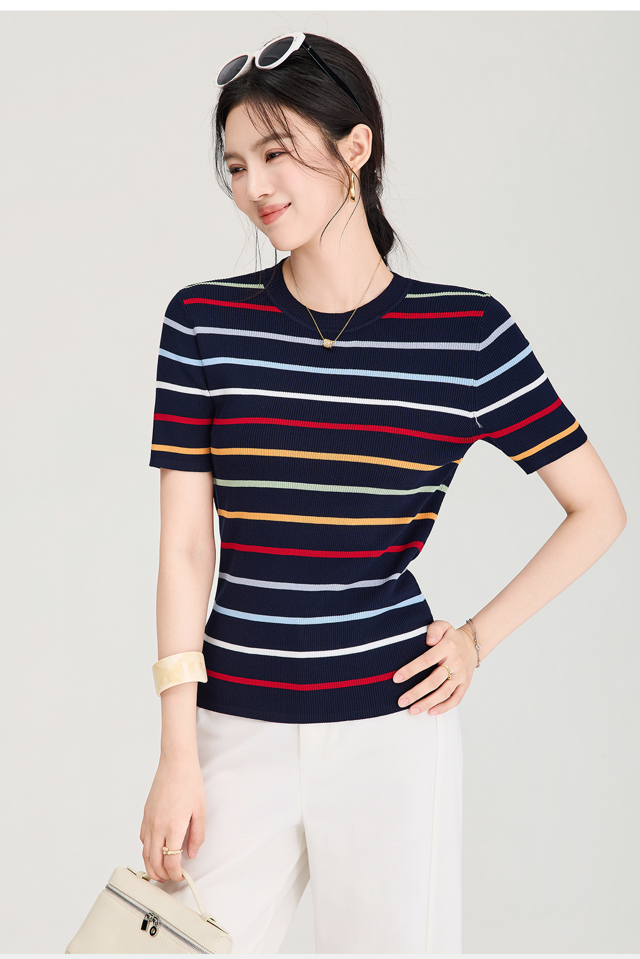 Áo thun nữ cổ tròn sọc kẻ dệt kim mỏng mùa hè — màu xanh navy chi tiết 5