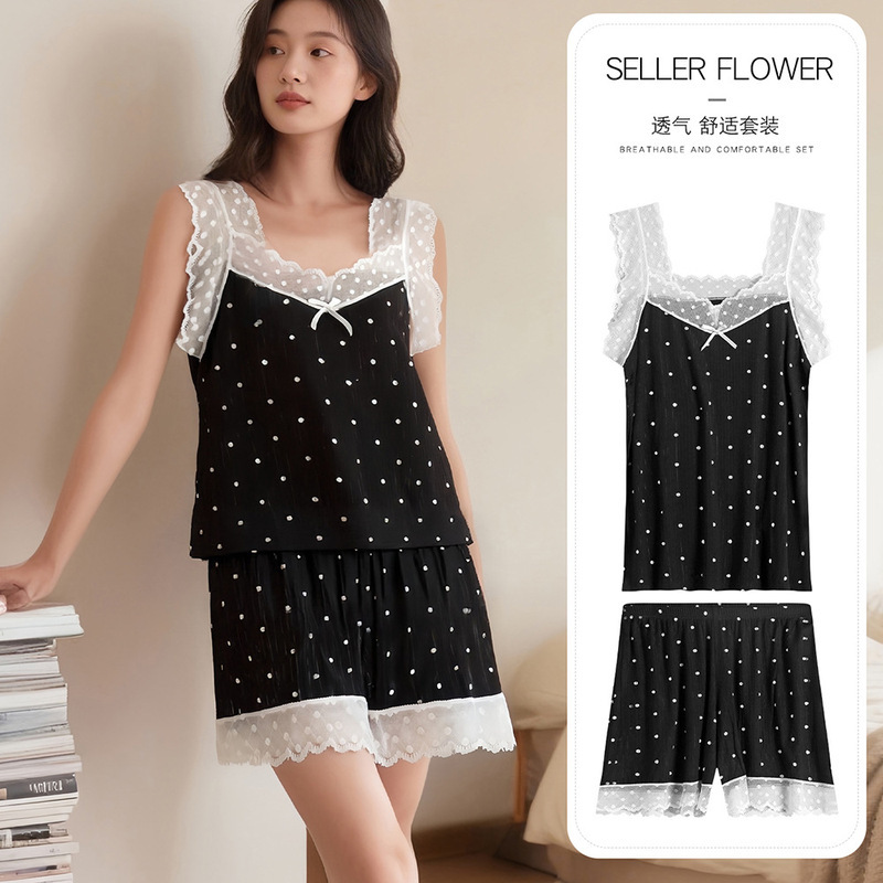 [Customized] Summer Women's Home Wear Set, Sleeveless Shorts, Contrasting Color Lace Polka Dot Pajamas, Fashionable and Thin Outer Wear