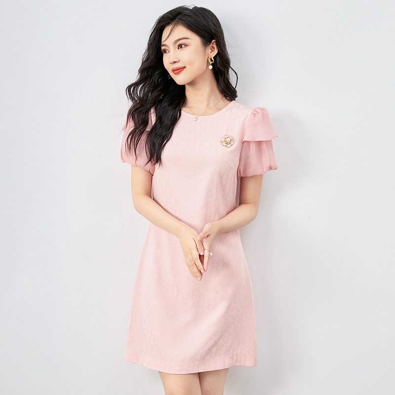 Đầm suông nữ midi tay ngắn mùa hè — 2419204 - Màu hồng chi tiết 5