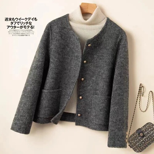 Double-sided wool coat, short, small, high-end woolen collarless, solid color, fashionable casual, chanel style coat