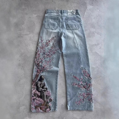 欧美跨境爆款美式复古显瘦宽松牛仔裤刺绣梅花个性时尚百搭阔腿裤