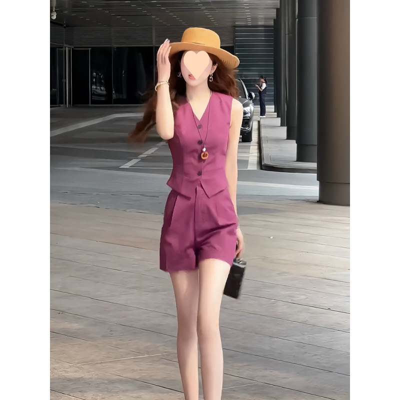 今年の人気のファッションスーツ女性の夏の新しい韓国スタイルの気質デザインノースリーブベスト + ショーツ 2 点セット|undefined