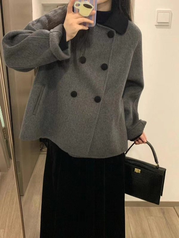 灰色短款呢子大衣女秋冬娃娃领复古加厚小个子韩系赫本风毛呢外套|undefined