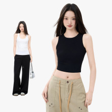 宽边圆领短款纯色背心女春夏新款氨纶纱修身弹力吊带小上衣无袖女