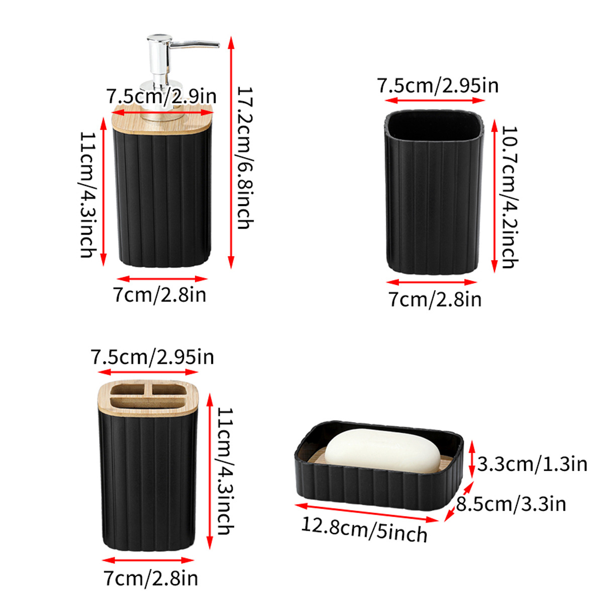 Juego de lavado de baño de plástico a rayas transfronterizas Hotel B & B Botella de loción con tapa de madera Taza de enjuague bucal Taza de cepillo de dientes Juego de 4 piezas