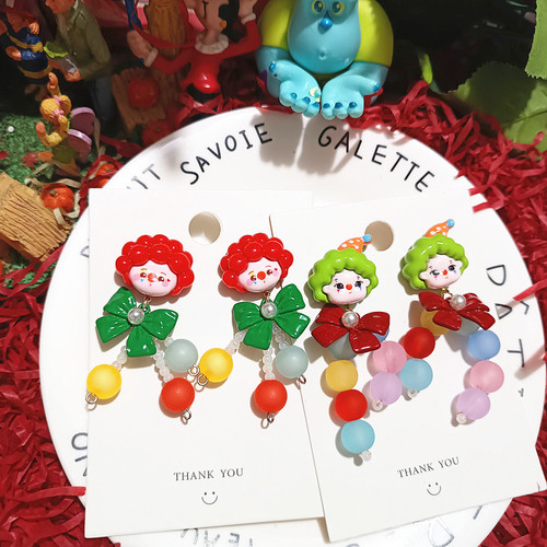 手作反斗马戏团小丑搞怪泡面头小丑磨砂串珠卡通925银耳环耳饰女