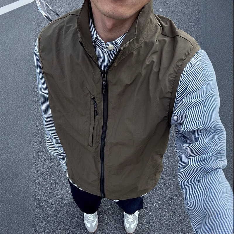 Summer New Outdoor Functional Windproof Vest Men's Mountain Style Olive Green Stand Collar Sports Mountaineering Vest Jacket Vest