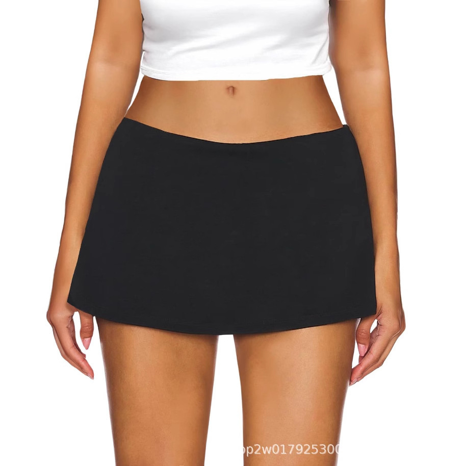 Women's Low-Waist Short Skirt Pants with Built-In Shorts, Stretchy Black Skirt, Basic Summer Style