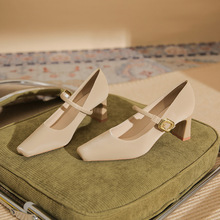 6405 方头高跟鞋女粗跟2026年新款法式玛丽珍鞋一字扣带浅口单鞋