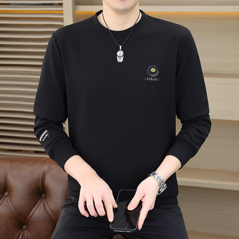 新款春秋男士印花加厚打底衫高档商务休闲百搭翻领长袖T恤男上衣