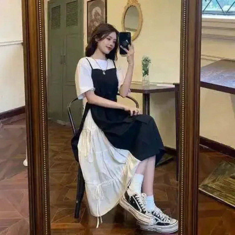 New Style Faux Two-Piece Camisole Plus-Size Dress for Women, Summer Design, Niche Tea Break Style, French Long Dress Set, Wholesale