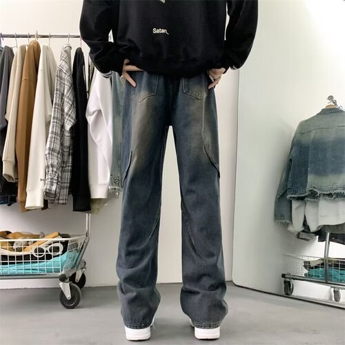 Stitched jeans, men's spring and autumn, wide-leg, drooping, loose straight pants, niche design, high-end American high street