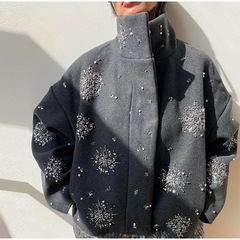 欧米のクロスボーダー2024秋冬の婦人服の女性のジャケットの個性の街頭のゆったりしている単列は襟の花のスパンコールのジャケットを掛けます。