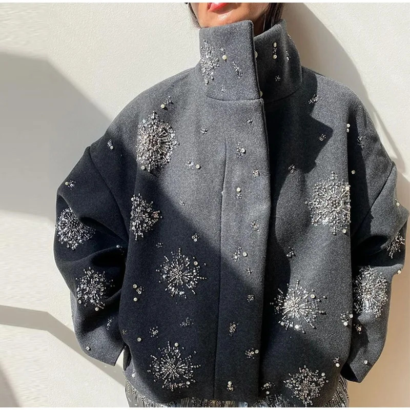 European and American Cross-Border Autumn and Winter Women's Fashion Jacket, Unique Street Style Loose Single-Breasted Stand Collar Sequin Jacket