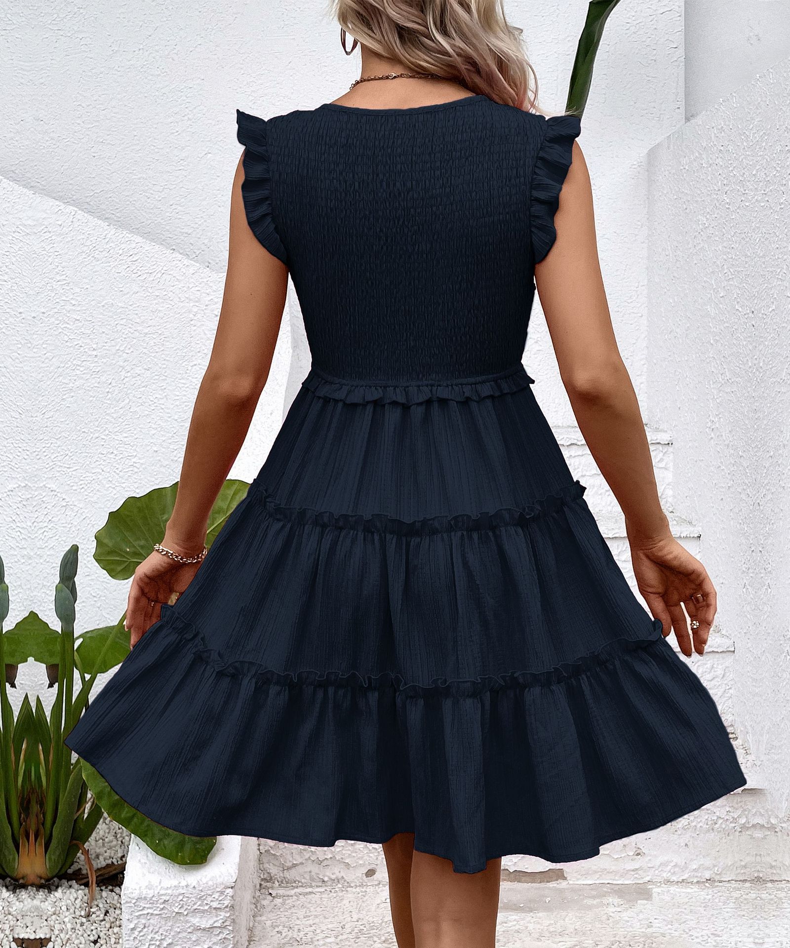100% Clothing Summer Hot Sale Cross-Border European And American Beach Vacation Sleeveless Draped Solid Color Dress_ecoleips.com