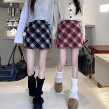 2024新款毛呢格子半身裙秋冬女装高腰百搭包臀裙防走光红色格纹裙