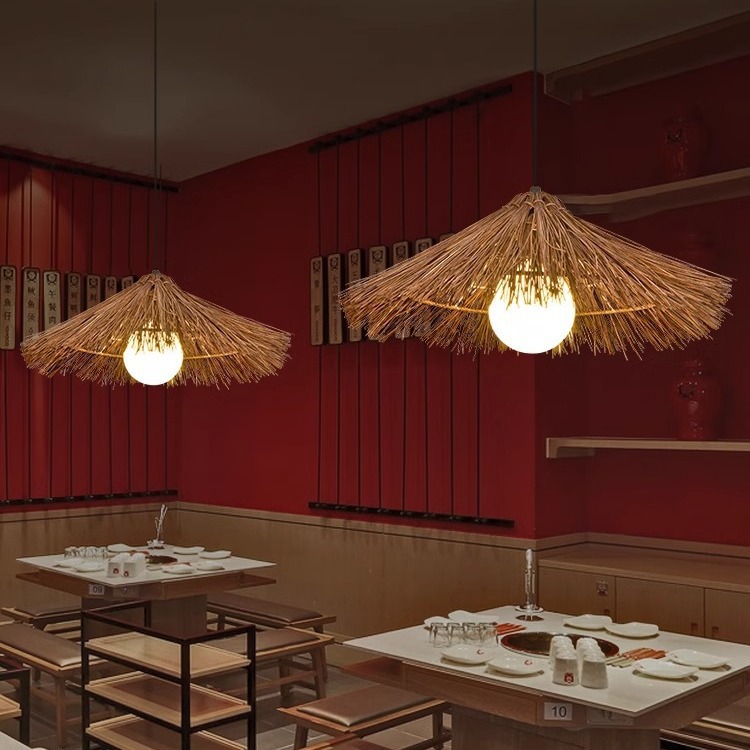 Lámpara de sombrero de paja japonesa lámpara de caña Hotel restaurante Residencia nueva lámpara de caña Zen chino lámpara de bambú lámpara de trenzado