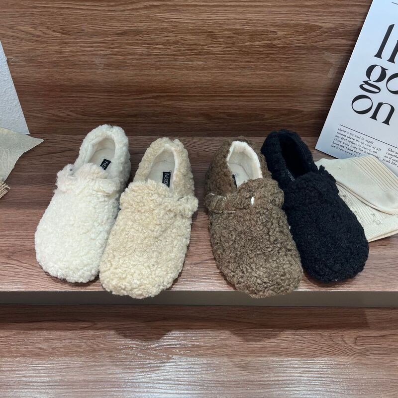 2024 New Autumn Lamb Fur Fleece-Lined Belt Buckle with Increased Slope Heel Niche Soft Sole Work Clothing Mary Jane Women's Shoes