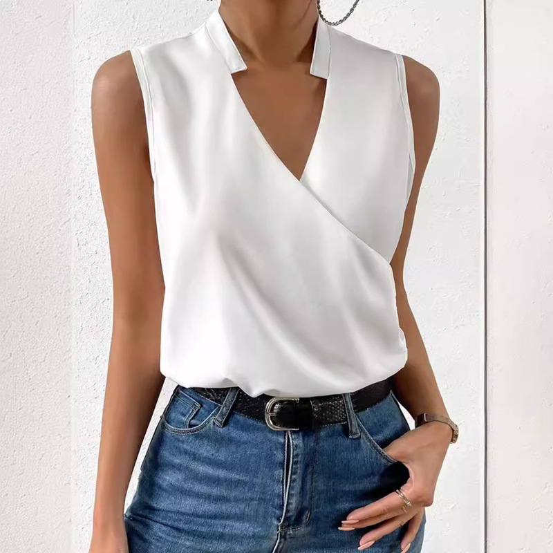 2023 Summer new cross-border European and American Japanese and Korean casual women's solid color pullover sleeveless women's V-neck top shirt