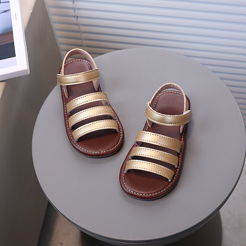 Fashionable children's sandals, retro summer open-toe beach shoes, soft sole, comfortable and versatile, simple and elegant princess shoes.