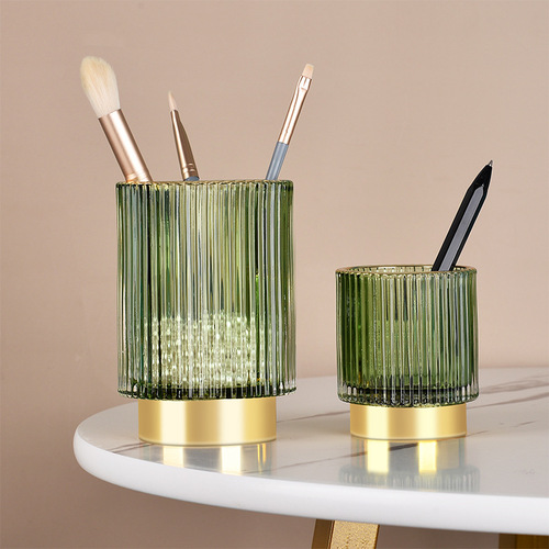 Phnom rim thickened striped glass storage bucket pen holder dark green cup makeup brush bucket desktop vase hydroponic flower device