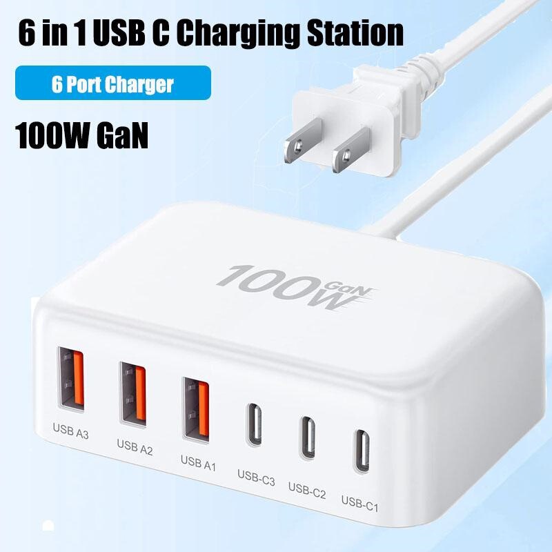 100W Six-Port Gallium Nitride Fast Charging Charger Usb-C+A Multi-Device Desktop Charging Station Amazon Cross-Border