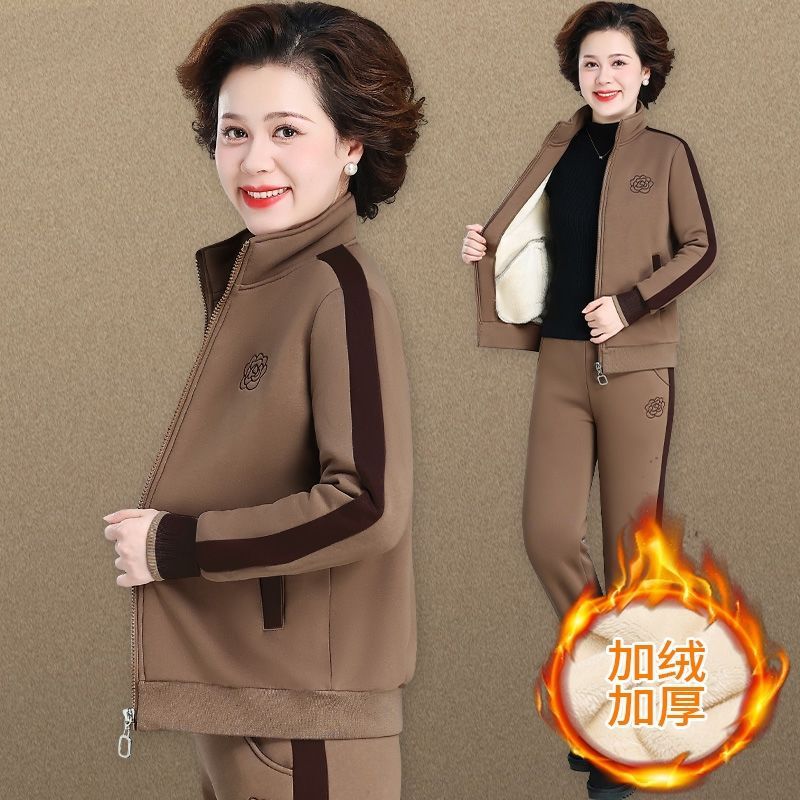 妈妈运动套装加绒加厚中老年秋冬外套女50岁60中年冬季大码两件套|undefined