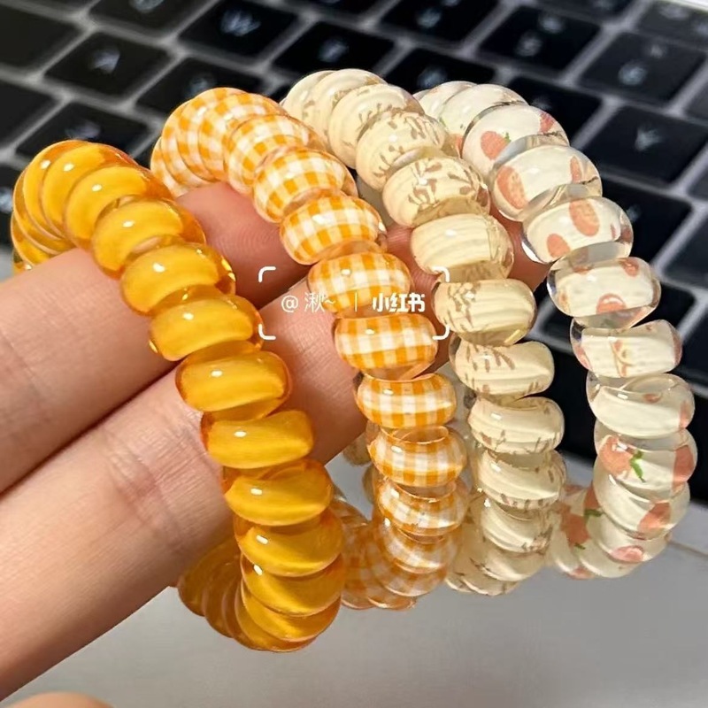 Cute Summer Vibrant Orange Plaid Floral Phone Cord Hair Tie High Elasticity and Durable Daily Traceless Hair Accessories for Girls