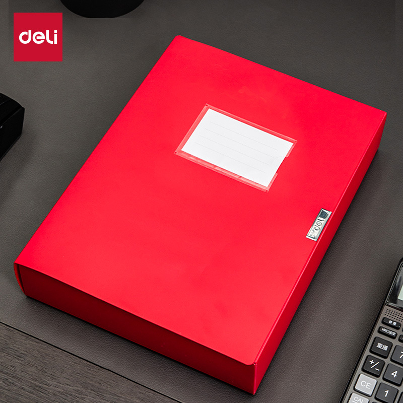 Caja de archivos Deli Red a4 Ancho posterior Caja de datos de 55mm Caja de archivos especial de oficina Almacenamiento de gran capacidad 63204
