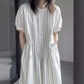 白色条纹连衣裙女夏季法式温柔风气质小个子休闲系带裙子2024新款