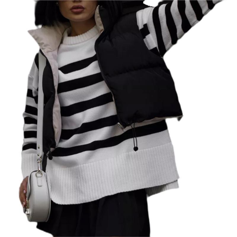 Damen-Strickpullover mit Streifen, Rundhalsausschnitt, langen Ärmeln, lässigem Rippstricksaum und Seitenschlitzen_voghion.com