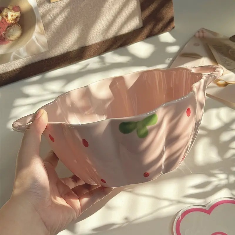 ピンクベリー双耳カボチャセラミックボウルデザートボウル家庭用スープヌードルボウルガールハート食器インスタントラーメンボウル大容量スプーン付き|undefined