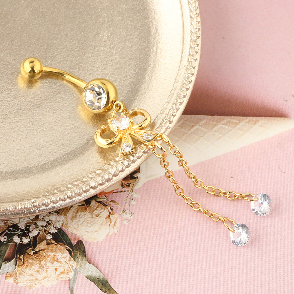 Long Pendant Bow Zircon Navel Ring Stainless Steel Rod Piercing Jewelry Belly Button Ring Rose Gold detail image 9