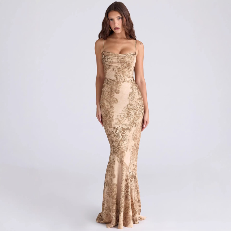 Cross-Border Foreign Trade European and American Women's Clothing New Style French Retro Elegant Satin Printed Evening Dress Ultra-Long Strapless Dress Cross-Border Foreign Trade European and American Women's Clothing New Style French Retro Elegant Satin Printed Evening Dress Ultra-Long Strapless Dress