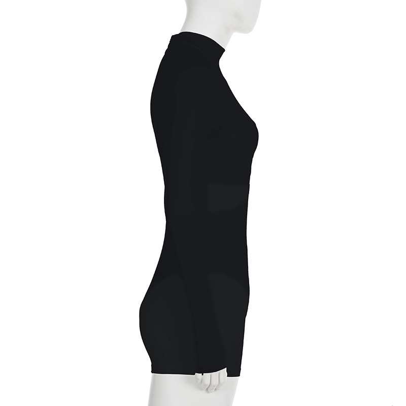 Street Sexy Casual Mesh Stitching One Piece Short Half Turtleneck Sexy Tight Long Sleeve Narrow Jumpsuit Women