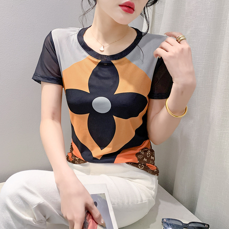 桑蚕丝女T恤印花短袖夏季韩版时髦修身百搭休闲小众时尚女装代发