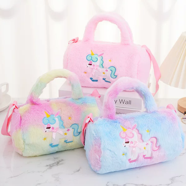 Cross Border uincorn Unicorn Children's Cylindrical Shoulder Cute Butterfly Pony Handbag Plush Crossbody Bag