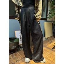 2023女天丝复古提花缎国风系列直筒裤 一件代发 厂家直销