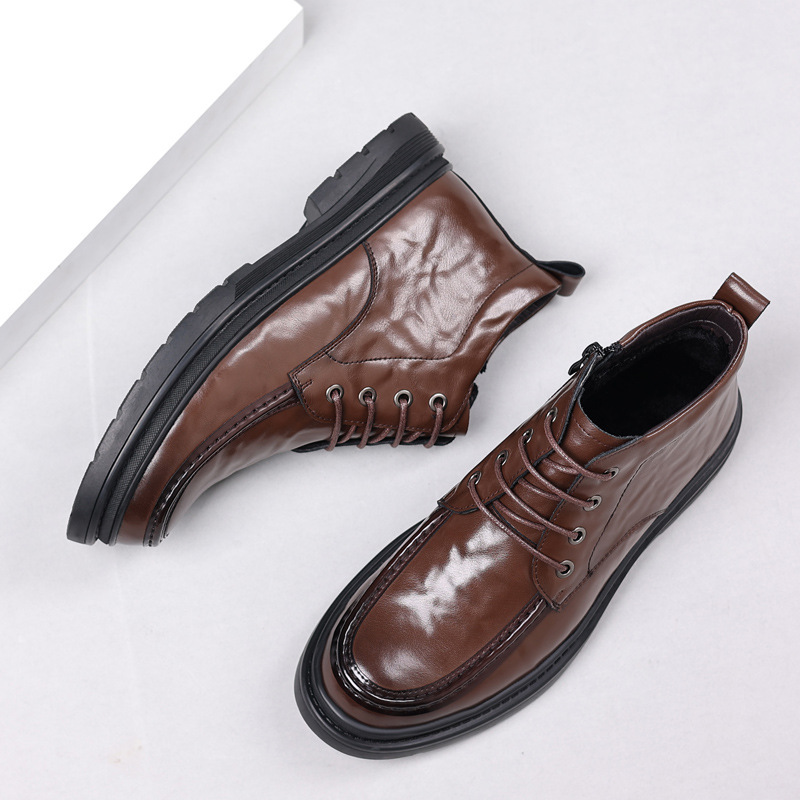 Winter Warm Men's Leather Shoes Leather Casual Cotton Shoes Business Dress High Top Leather Boots fleece-lined Men's Shoes Boots