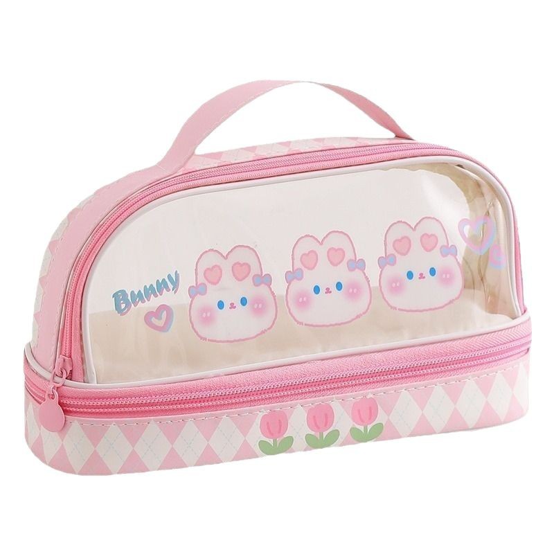 Estuche para lápices portátil para estudiantes, bolso de almacenamiento de gran capacidad de dibujos animados transparente, bolso de papelería simple multifuncional impermeable lindo