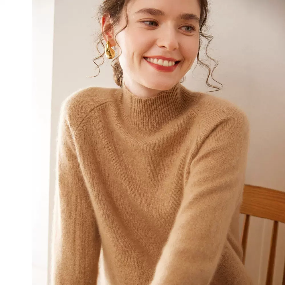 2025秋冬新款半高领山羊绒衫女七针加厚插肩袖打底衫套头打底毛衣