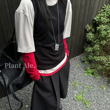 潮范撞色三件套长袖t恤一设计感人棉打底衫修身显瘦叠穿上衣E5069