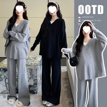 休闲时尚新款春秋季孕妇装套装宽松遮肚简约假两件长袖T恤托腹裤