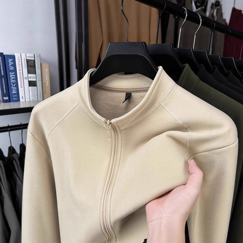 Autumn and Winter Stand-Up Collar Jacket Men's Pure Color Long-Sleeved Cardigan Half Turtleneck Zipper Sweatshirt Fashionable Warm and Comfortable Top