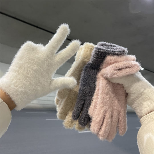 Cycling New Imitation Rabbit Fur Plush Ins Women's Winter Gloves fleece-lined Warm Cute Finger Cold-proof 2024 Students