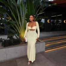 欧美跨境女装2025秋季新款纯色长袖裹胸紧身气质长款一步连衣裙